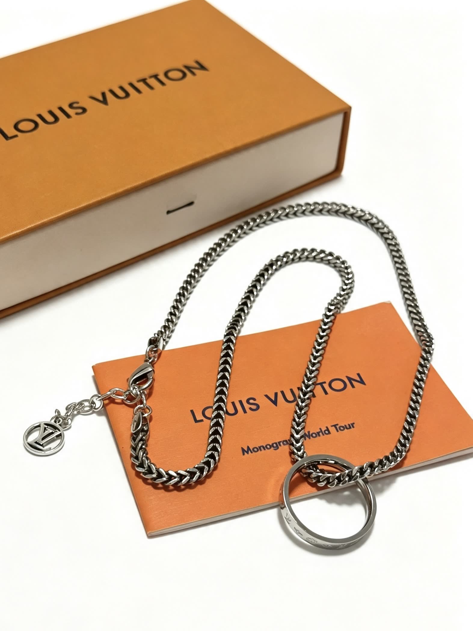 Louis Vuitton Silver Chain Necklace with Ring and Logo Charm